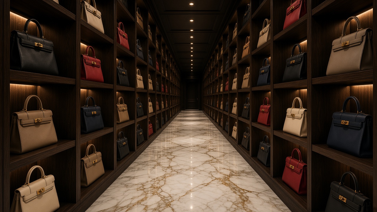 Luxury archive hallway of Birkin and Kelly handbags
