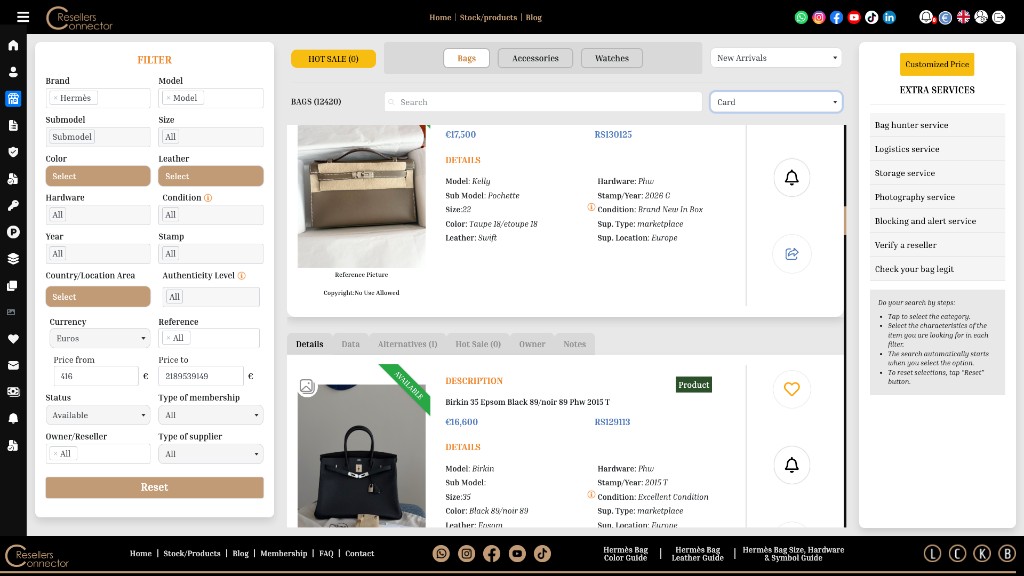 Website search card view with bag details