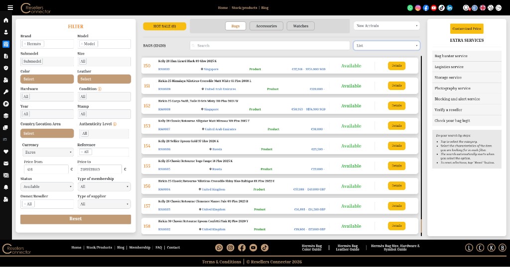 Website search list view with filters and bag listings